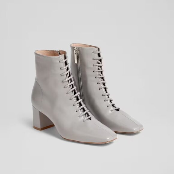LK Bennet Arabella Grey Leather Ankle Boots Square Toe Lace-Up EU 39/US 8 - Picture 1 of 14